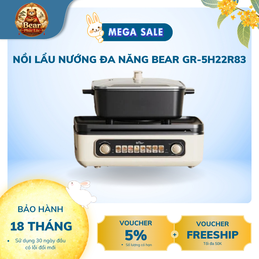 Nồi lẩu nướng đa năng Bear GR-5H22R83 - Bear Phúc Lộc - Bảo hành 18 tháng & sử dụng 30 ngày đầu có l