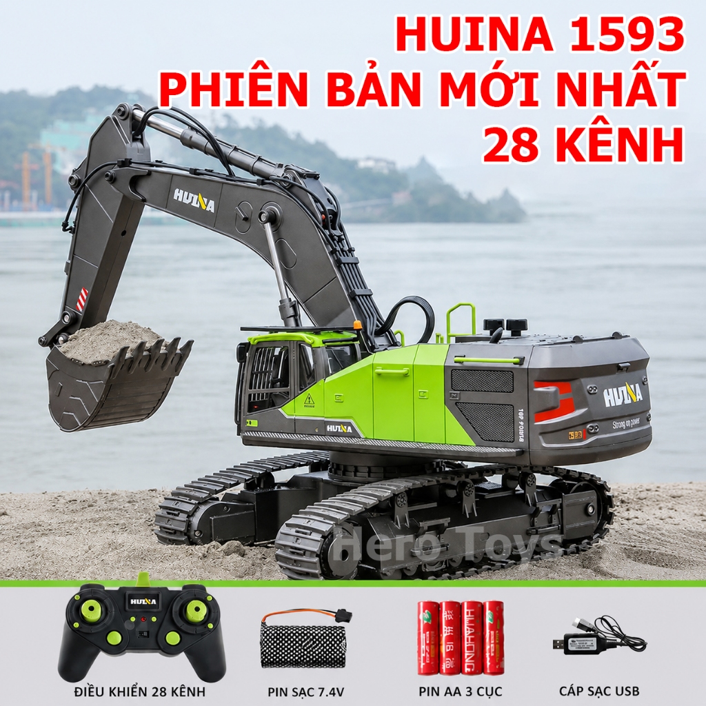 Máy xúc điều khiển từ xa HUINA 1593 phiên bản mới 28 kênh điều khiển cao cấp cỡ lớn giá rẻ, đồ chơi 