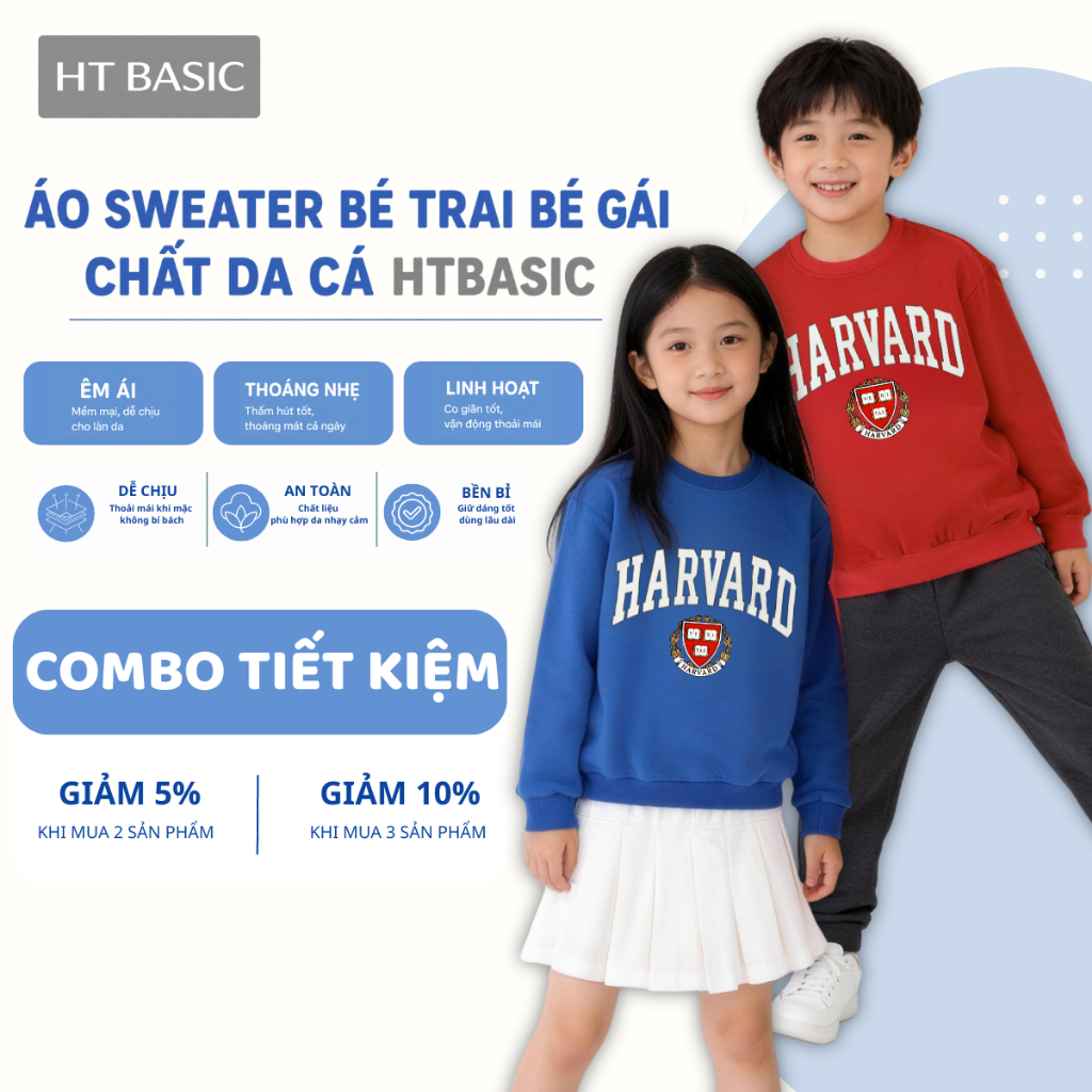 Áo sweater unisex bé gái bé trai H&T chất da cá cotton 4 chiều in chữ logo Harvard cho bé từ 4-12 tu
