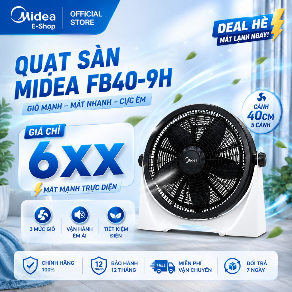 Quạt Sàn Midea FB40-9H 55W | Quạt Bàn 5 Cánh 55W Gió Mạnh, 3 Tốc Độ, Chính Hãng