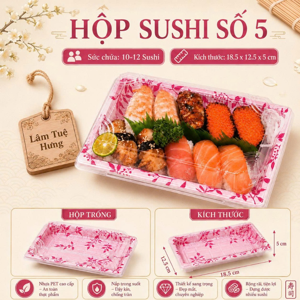 50 Khay Sushi nhựa chữ nhật take away, Hộp đựng Sashimi, Kimbap, Hải sản ~ SỐ 5