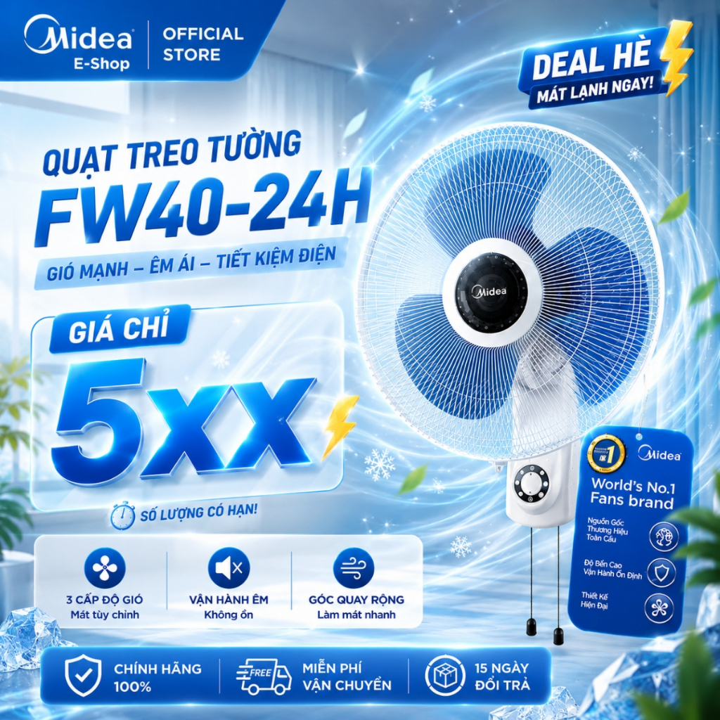Quạt Treo Tường Midea FW40-6H | Gió Mạnh 55W, 3 Tốc Độ, Dùng Gia Đình Quán Ăn