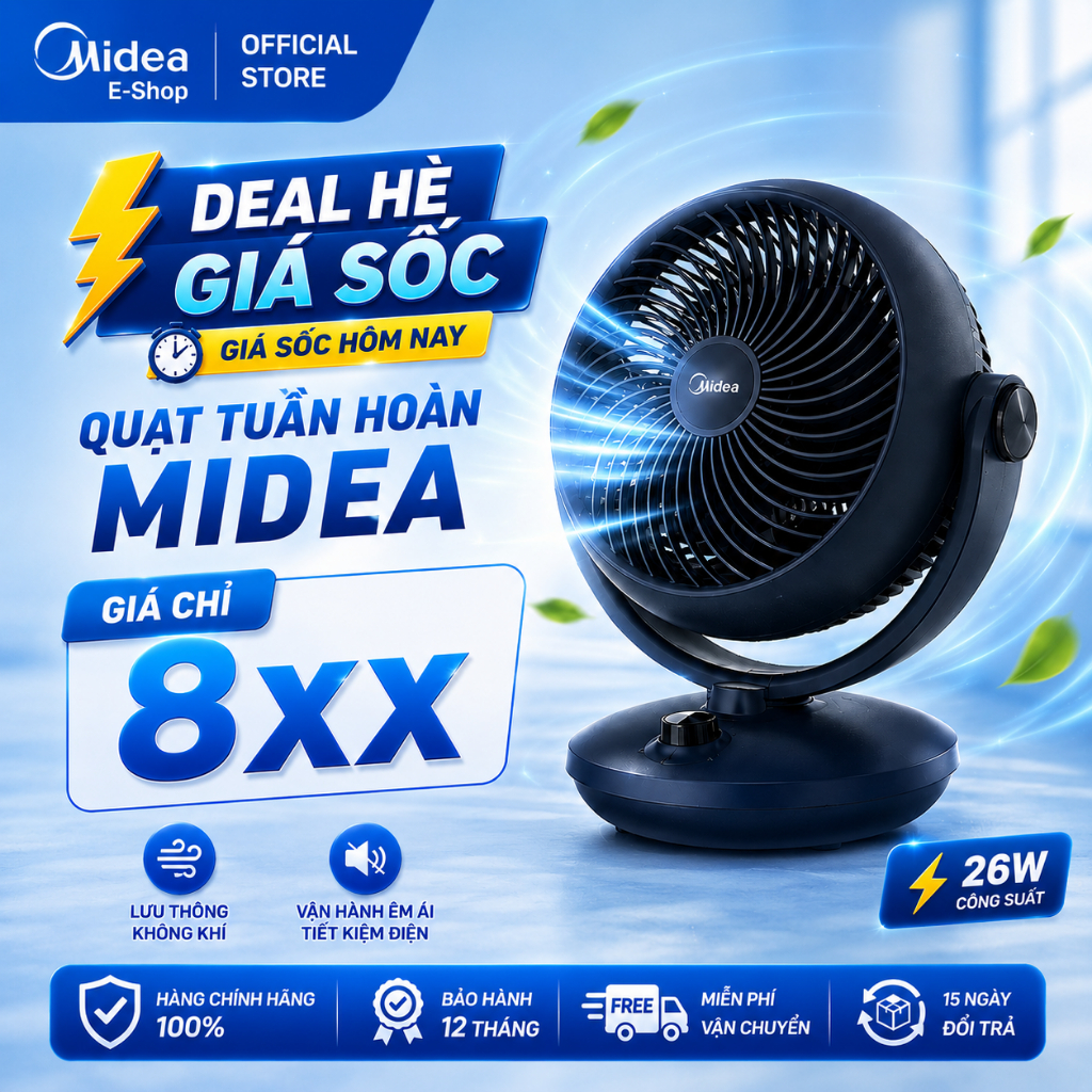 Quạt Tuần Hoàn Không Khí Midea MFT060M0BPBH 26W | Quạt Để Bàn Tạo Gió Đều, Tiết Kiệm Điện