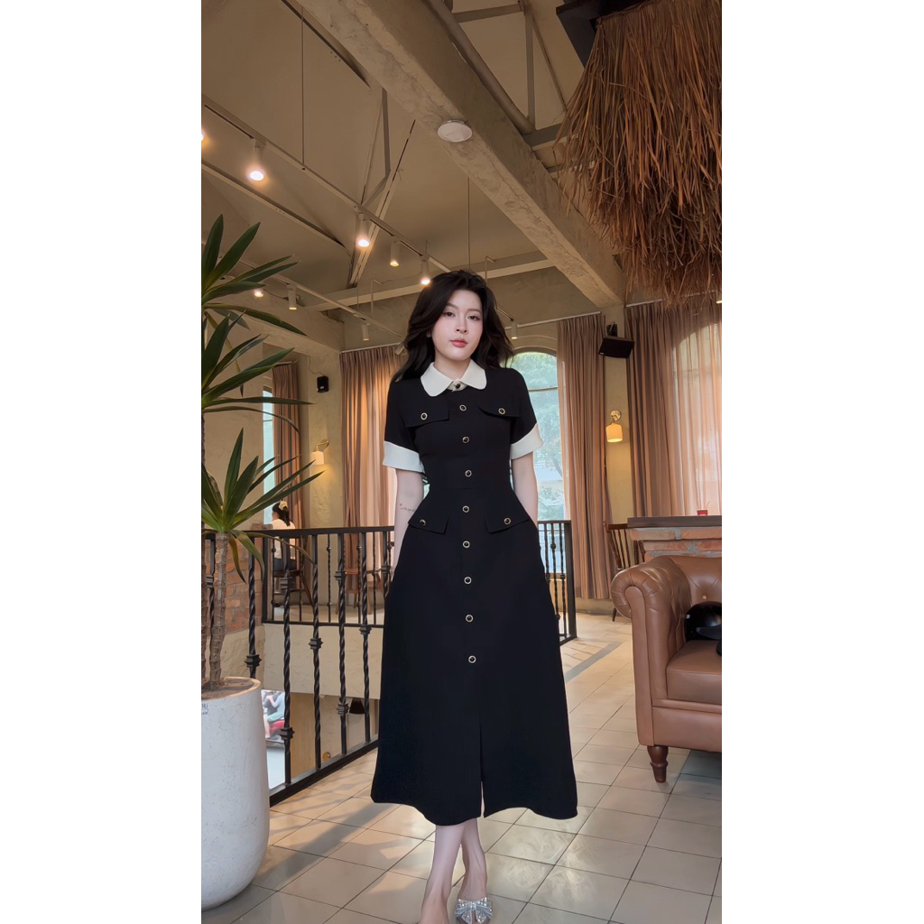 Hạnh sino.97 Váy đen mix nút đen mới dáng A nhẹ coa túi hông