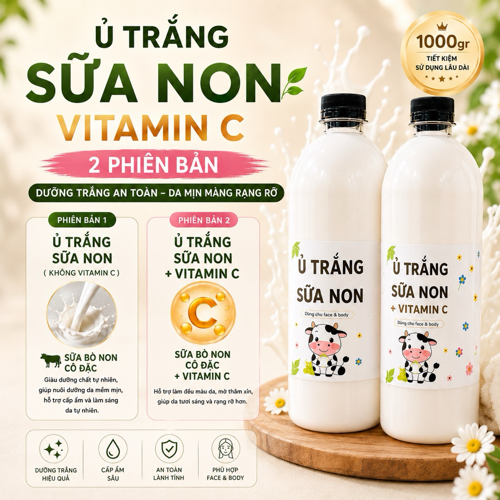 Kem Ủ Trắng Sữa Non 1000gr Face & Body – Có Vitamin C / Không Vitamin C – Dưỡng Da Mịn Màng
