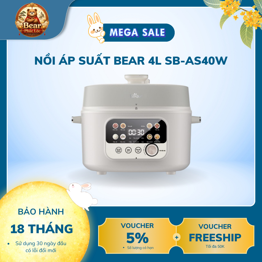 Nồi áp suất Bear 4L SB-AS40W - Bear Phúc Lộc - Bảo hành 18 tháng & sử dụng 30 ngày đầu có lỗi đổi mớ