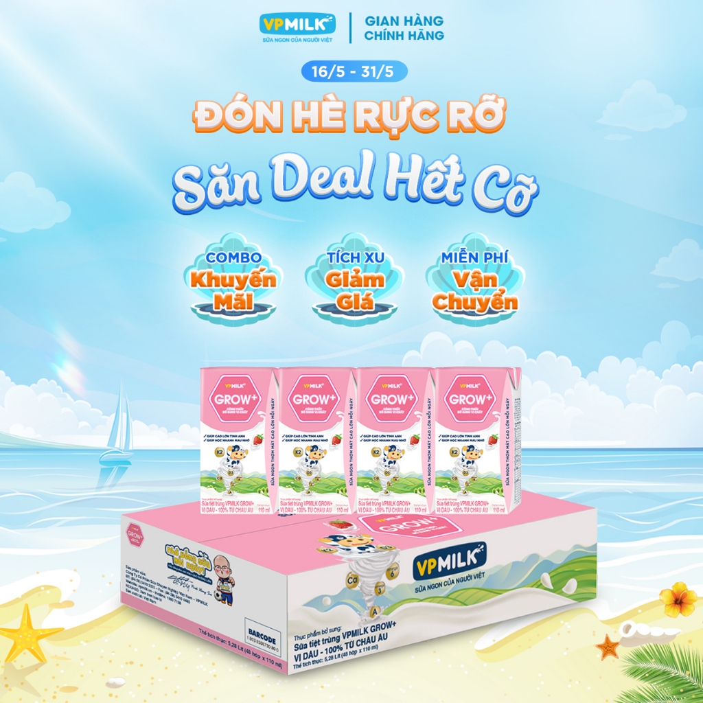 [Thùng 48 Hộp 110ml] Sữa Tiệt Trùng VPMilk Grow+ Vị Dâu Cho Bé Từ 1 Tuổi