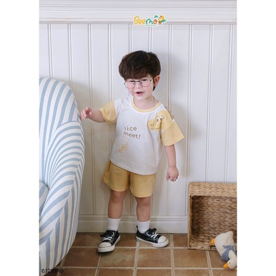 Set bộ cộc tay Beemo thiết kế khủng long 3D vải cotton co giãn, mềm mịn cho bé đi học, đi chơi 6121BHB
