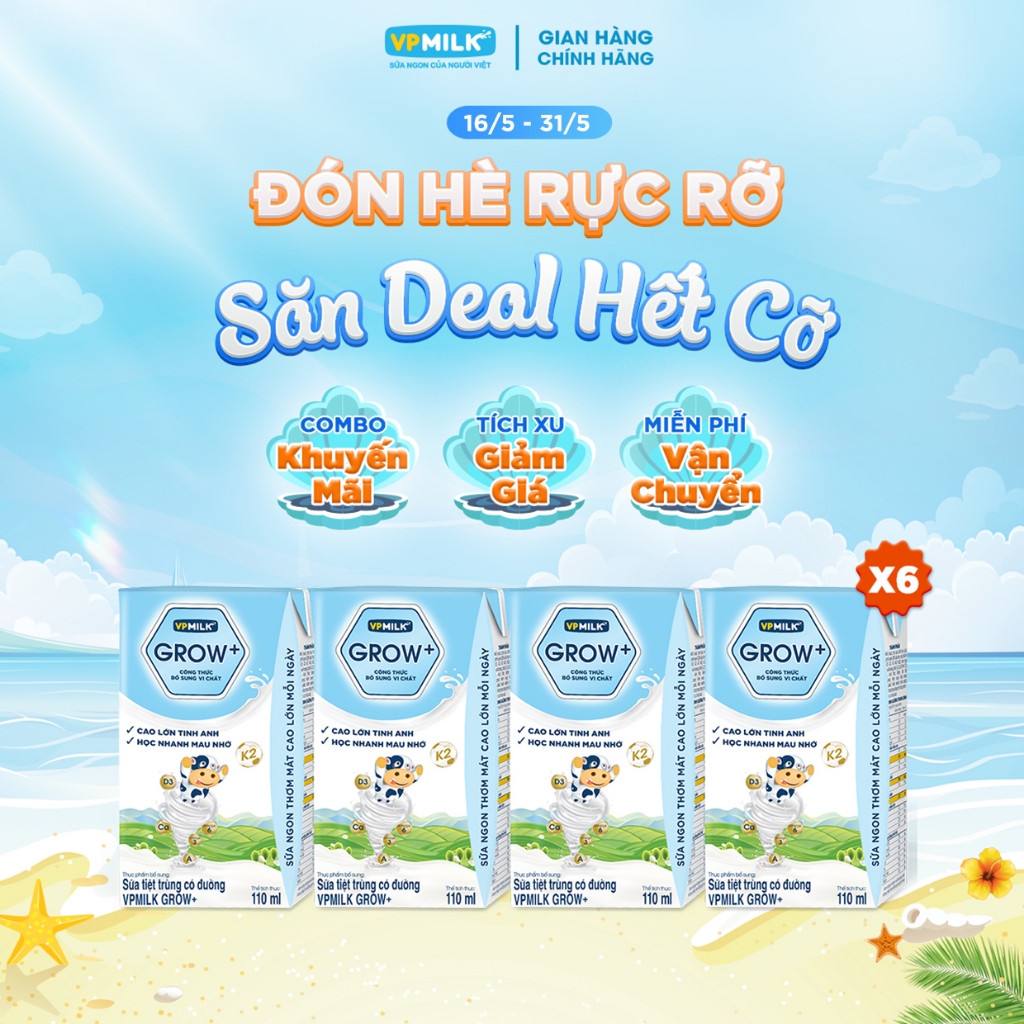 [6 Lốc 110ml] Sữa Tiệt Trùng VPMilk Grow+ Có Đường