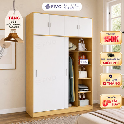 Tủ Quần Áo Cửa Lùa FIVO FC31 Gỗ Chống Ẩm Cao Cấp, Thiết Kế Hiện Đại - Thân Gỗ + Cửa Trắng, Freeship + Free lắp đặt