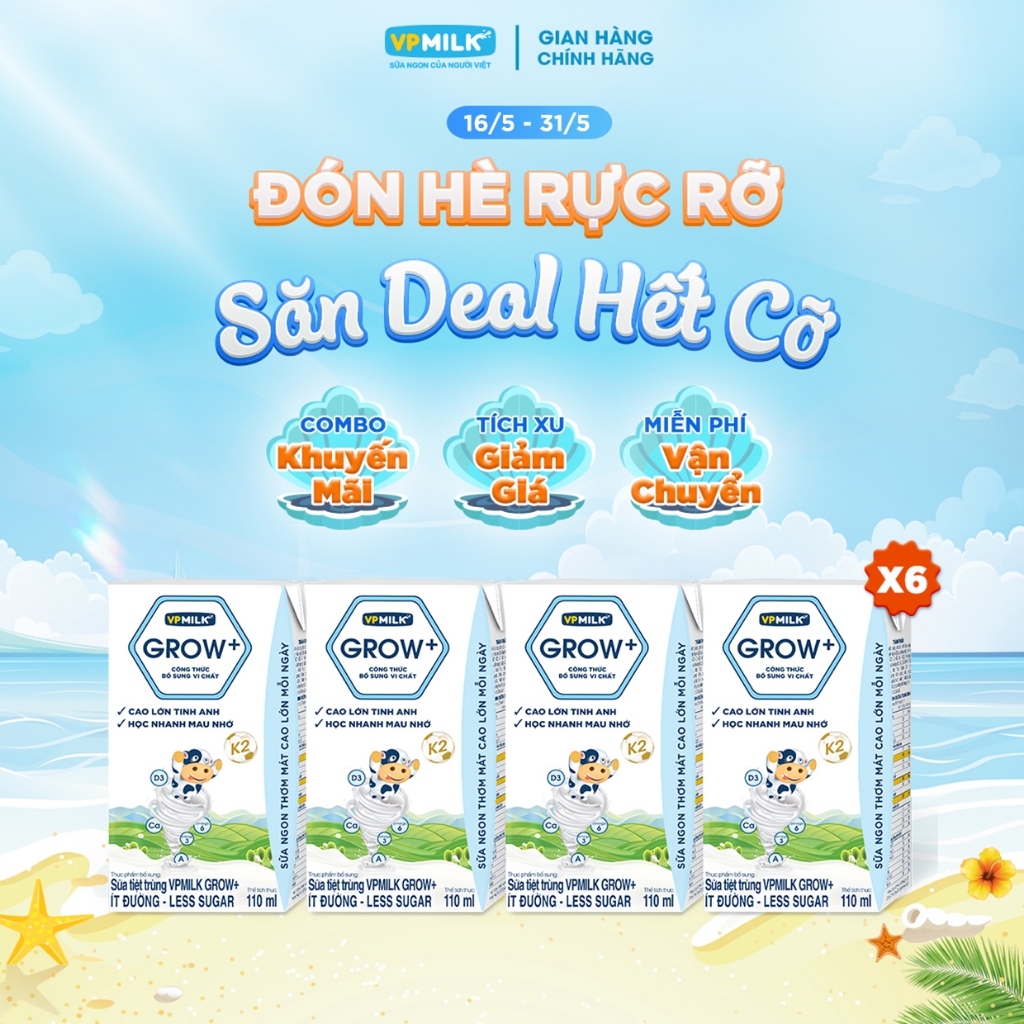 [6 Lốc 110ml] Sữa Tiệt Trùng VPMilk Grow+ Ít Đường
