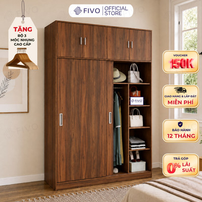 Tủ Áo Quần Cửa Trượt FIVO FC31 Gỗ Chống Ẩm, Màu Walnut Ấm Cúng Cho Phòng Ngủ, Trả Góp 0%, Freeship + Free lắp đặt