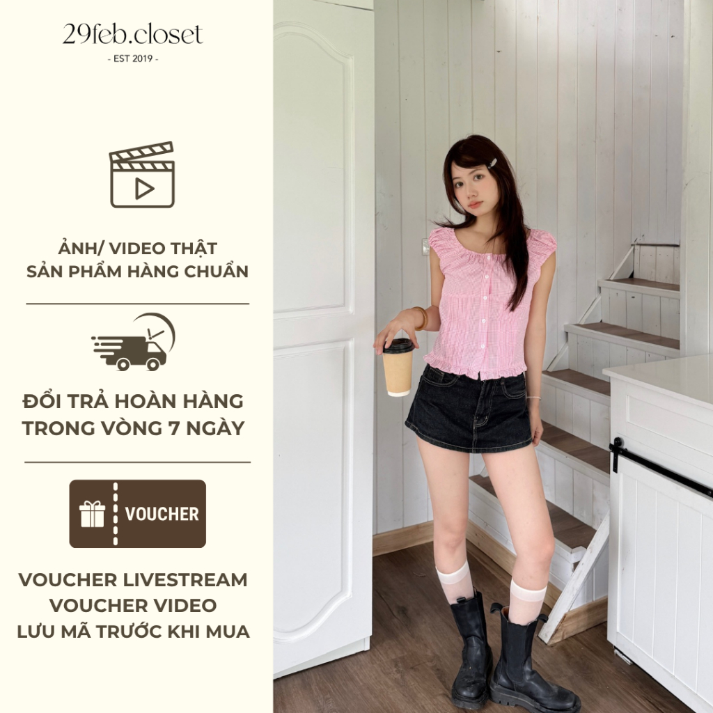 Áo sơ mi thô kẻ ngắn tay nhún cổ phối bèo gấu, Áo kiểu kẻ sọc mùa hè dễ thương - 29feb.closet – A601 | BigBuy360 - bigbuy360.vn