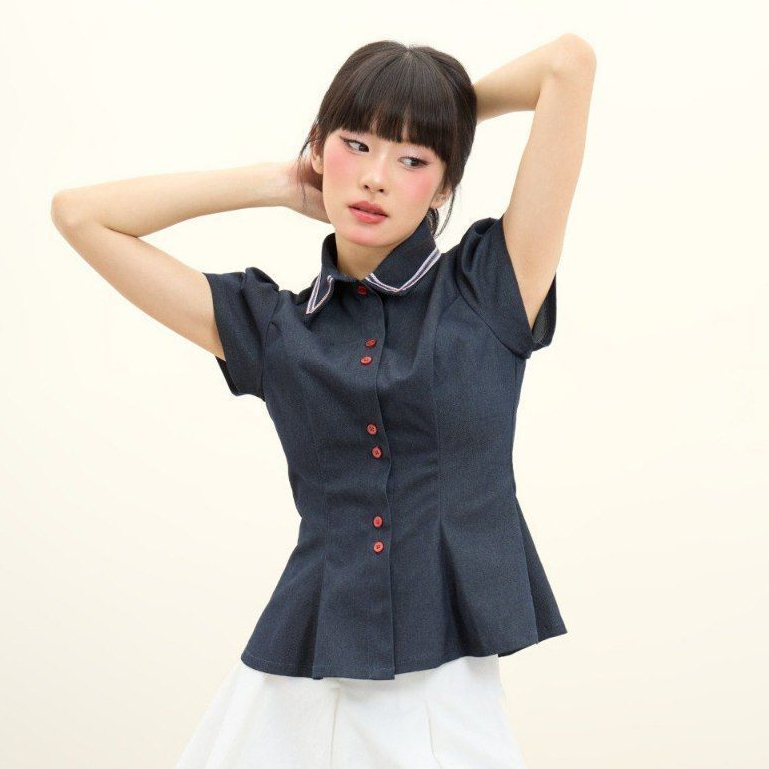Áo peplum tay phồng cổ bẻ phối viền THE C.I.U, áo kiểu sơ mi dáng ôm chất denim thanh lịch - Namy Top | BigBuy360 - bigbuy360.vn