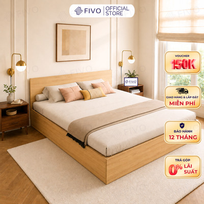 Giường Ngủ Gỗ FIVO FN01, Gỗ Chống Ẩm Cao Cấp, Nhiều Kích Thước, Trả góp 0%, Freeship + Free lắp đặt