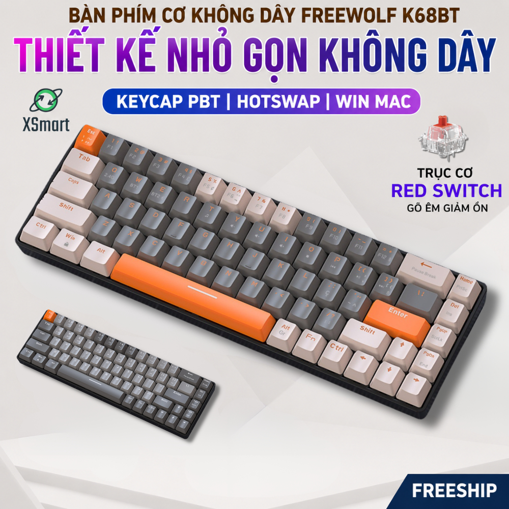 Bàn Phím Cơ Bluetooth Không Dây FreeWolf K68BT Trục Cơ Red Switch Gõ Êm Có Hotswap Kết Nối Máy Tính