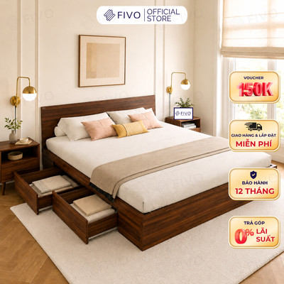 Giường Ngủ FIVO FN02, Thiết Kế 2 Hộc Tủ Tiện Lợi, Gỗ Chống Ẩm Cao Cấp, Trả Góp 0%, Freeship + Free lắp đặt