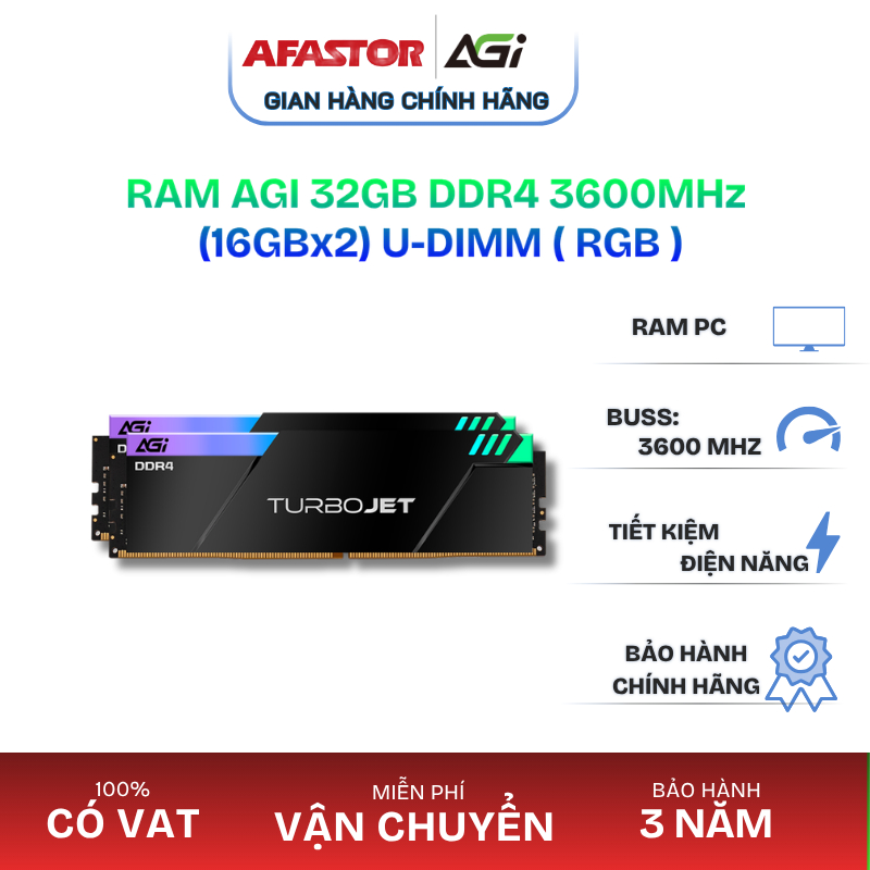 Kit RAM PC AGI RGB 32GB (2x16GB) DDR4 3600MHz LED RGB - AGI3EPC16UD848-DC - BH Chính Hãng 3 Năm