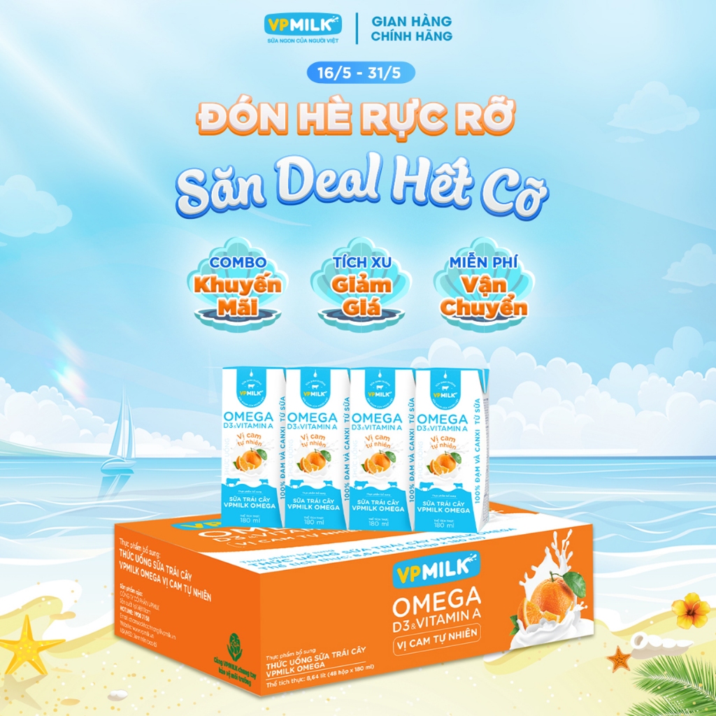 Sữa trái cây VPMILK Omega vị CAM tự nhiên hộp 180ml (Thùng 48 hộp)