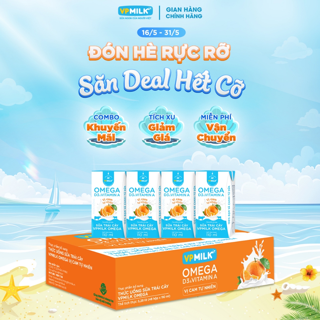 Sữa trái cây VPMILK Omega vị CAM tự nhiên hộp 110ml (Thùng 48 hộp)