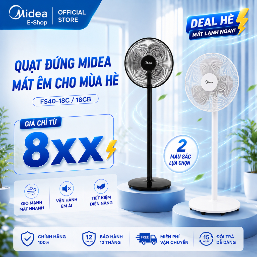 Quạt Đứng Midea FS40-18C / 18CB 50W | Quạt Cây 40cm 3 Cánh, Gió Êm, 2 Màu Trắng Đen
