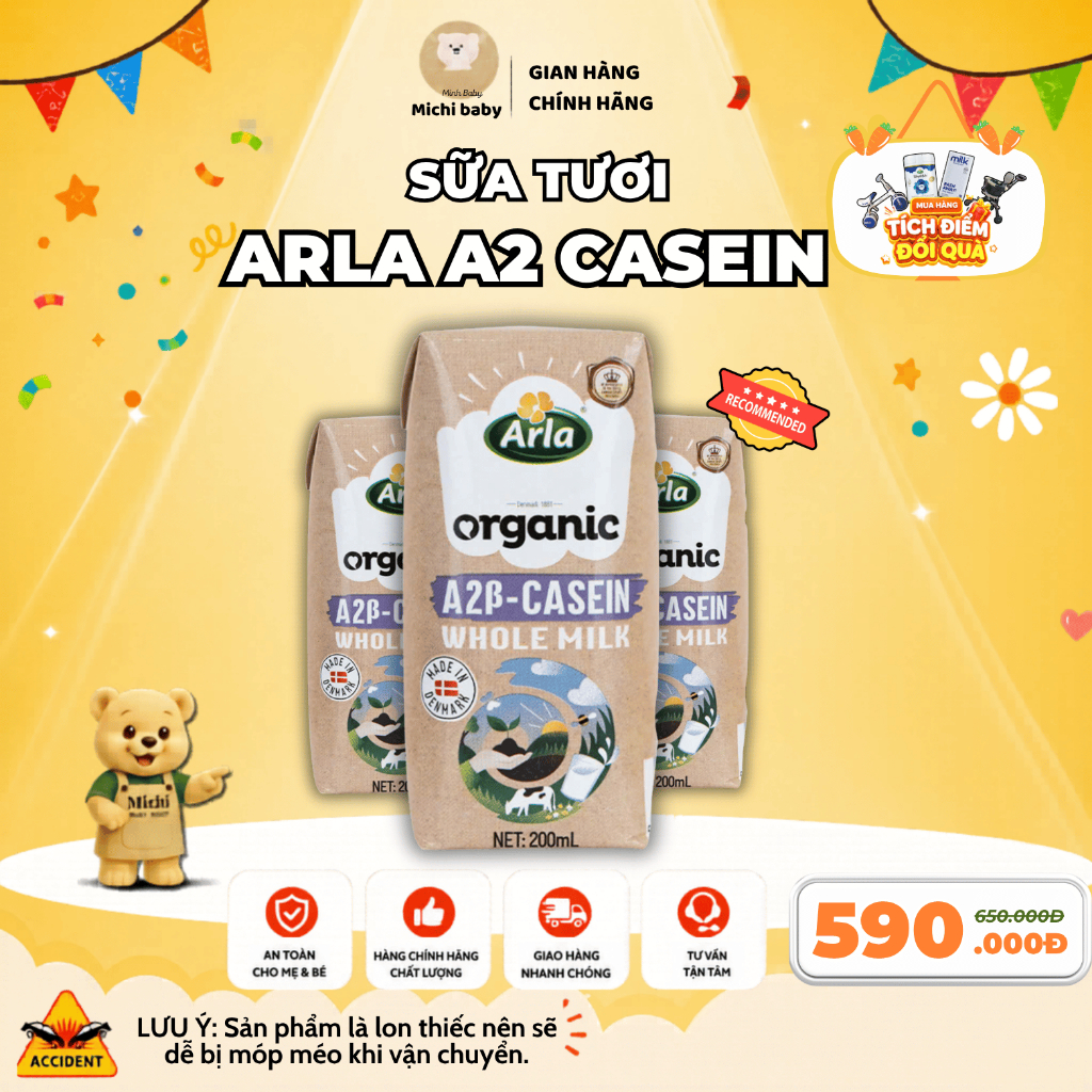 Date 02/2027 - 1 Thùng 20 Hộp Sữa Tươi UHT Hữu Cơ Đạm A2 Arla Đan Mạch 200ml - Michi Baby MC888-AF5