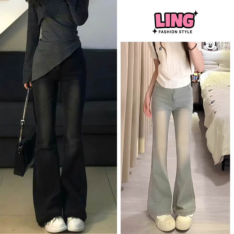 Quần jeans nữ ống loe co giãn Grind Wash, quần bò jean ống đứng rộng suông CẠP CAO phong cách RETRO 
