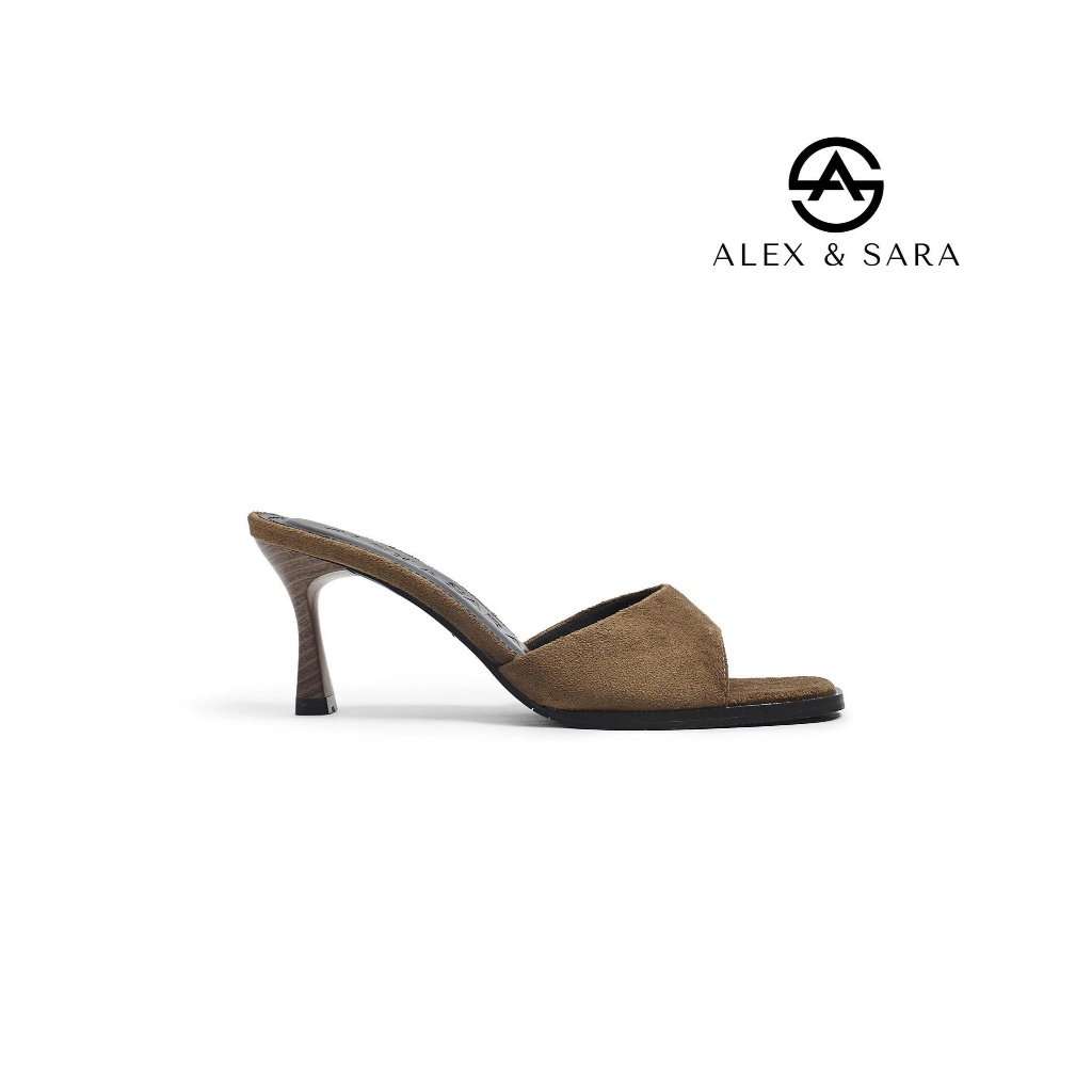 LT171 - Dép Cao Gót Alex & Sara Vân Gỗ Gót Cao 5cm Quai Ngang Mũi Vuông Da Mềm