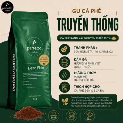 Cà phê bột rang xay nguyên chất Perfetto Delta Phin (250g/1kg)