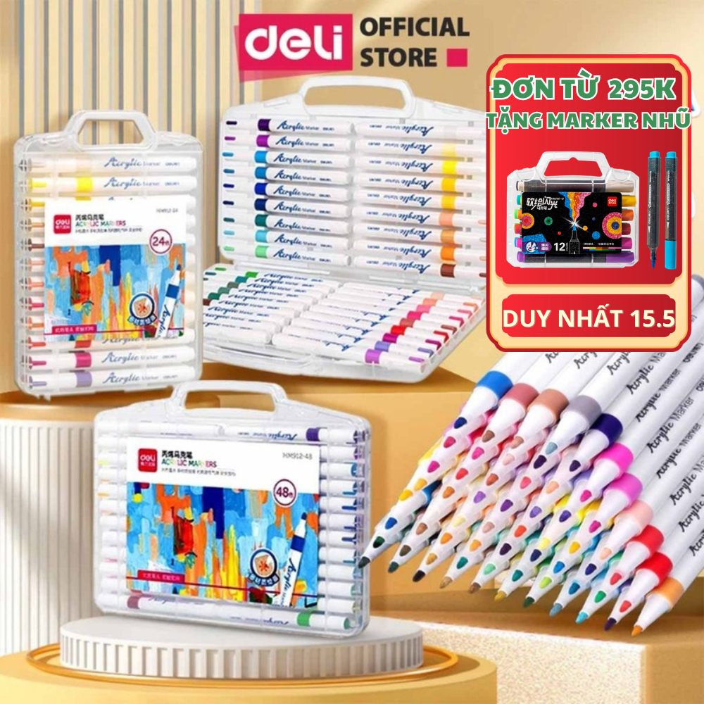 [TẶNG 12 BÚT MARKER NHŨ] Bút Sơn Acrylic Marker Deli TĂNG 80% MỰC Tiết Kiệm - 12/24/36/48/64/80 Màu 