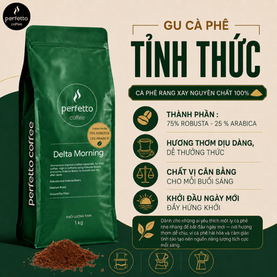 [Perfetto Coffee] Cà phê bột Delta Morning 75% Robusta & 25% Arabica (1000g) - Cà phê nguyên chất