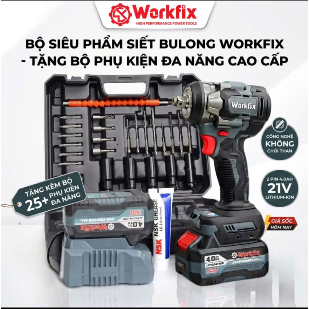 Máy siết Bulong 470N.m WORKFIX WF-IW470N,Động cơ không chổi than,Tặng kèm bộ phụ kiện
