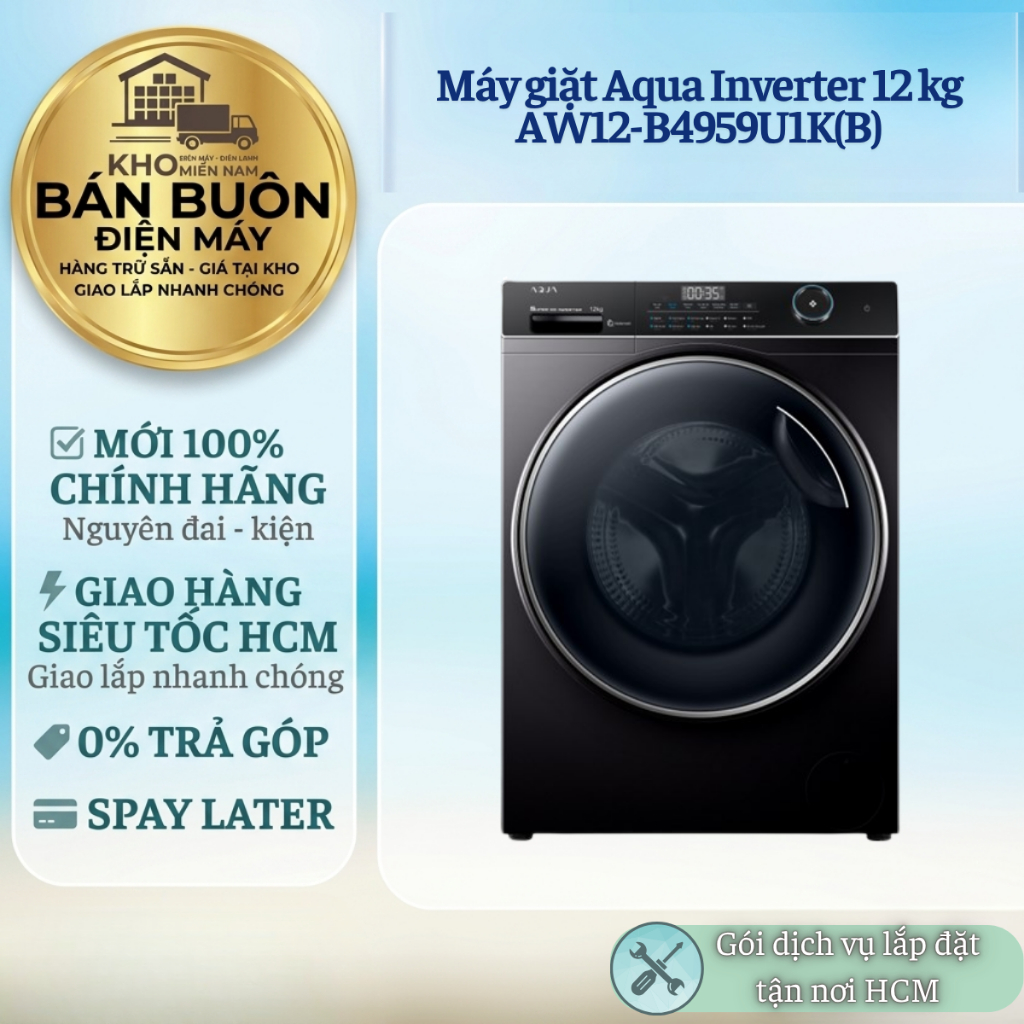 AW12-B4959U1K(B) Máy Giặt Aqua 12kg Inverter Lồng Ngang Refresh, AI Cân Bằng, Wifi - Hàng Chính Hãng