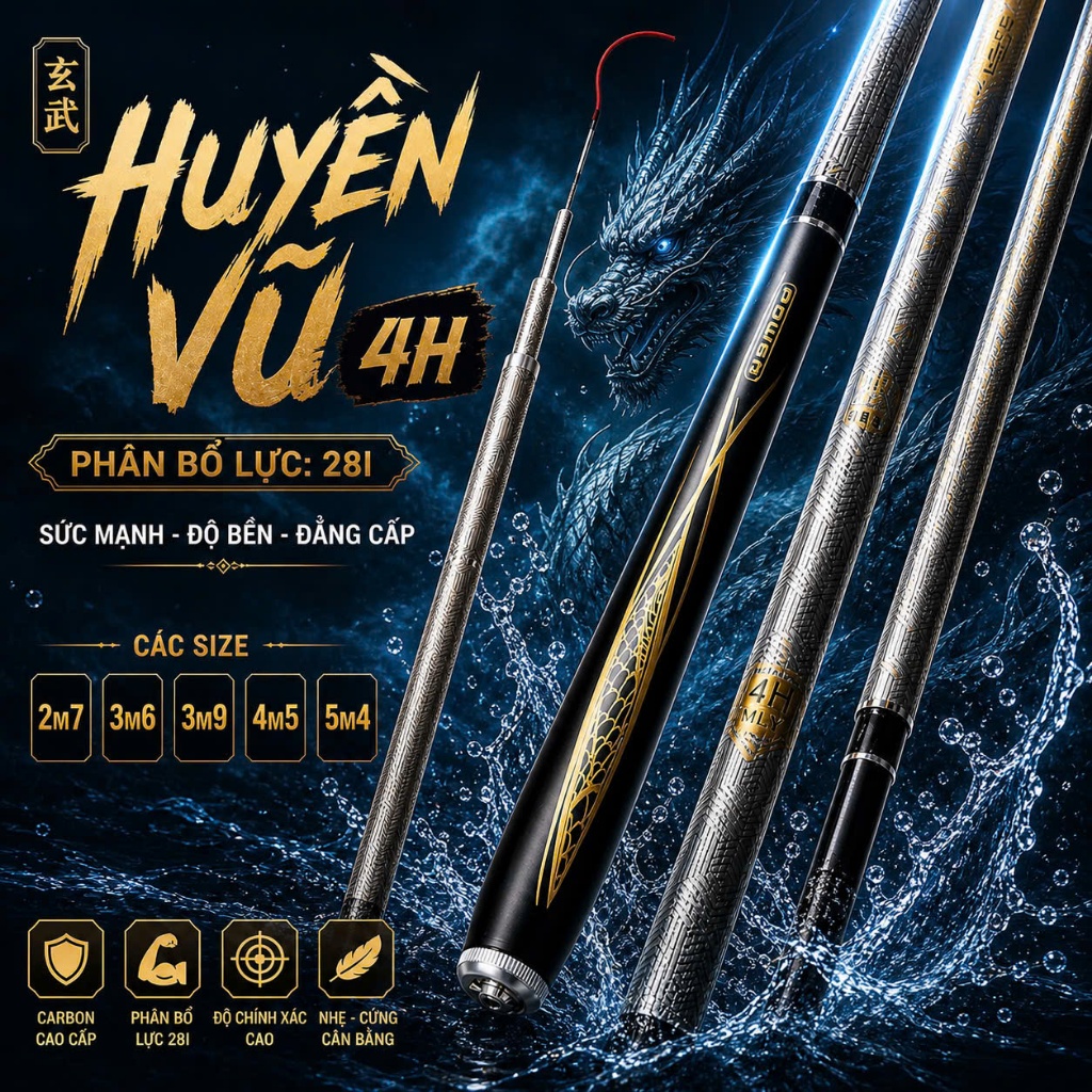 Cần Câu Đài Huyền Vũ 4H Carbon Cao Cấp Phân Bổ Lực 28i Siêu Nhẹ - Cần Câu Tay Đủ Size 2m7 Đến 5m4