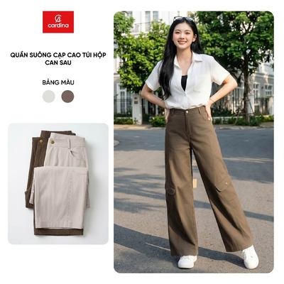 Quần dài nữ CARDINA chất thô mềm dáng suông cạp cao túi hộp can sau  6QDT20