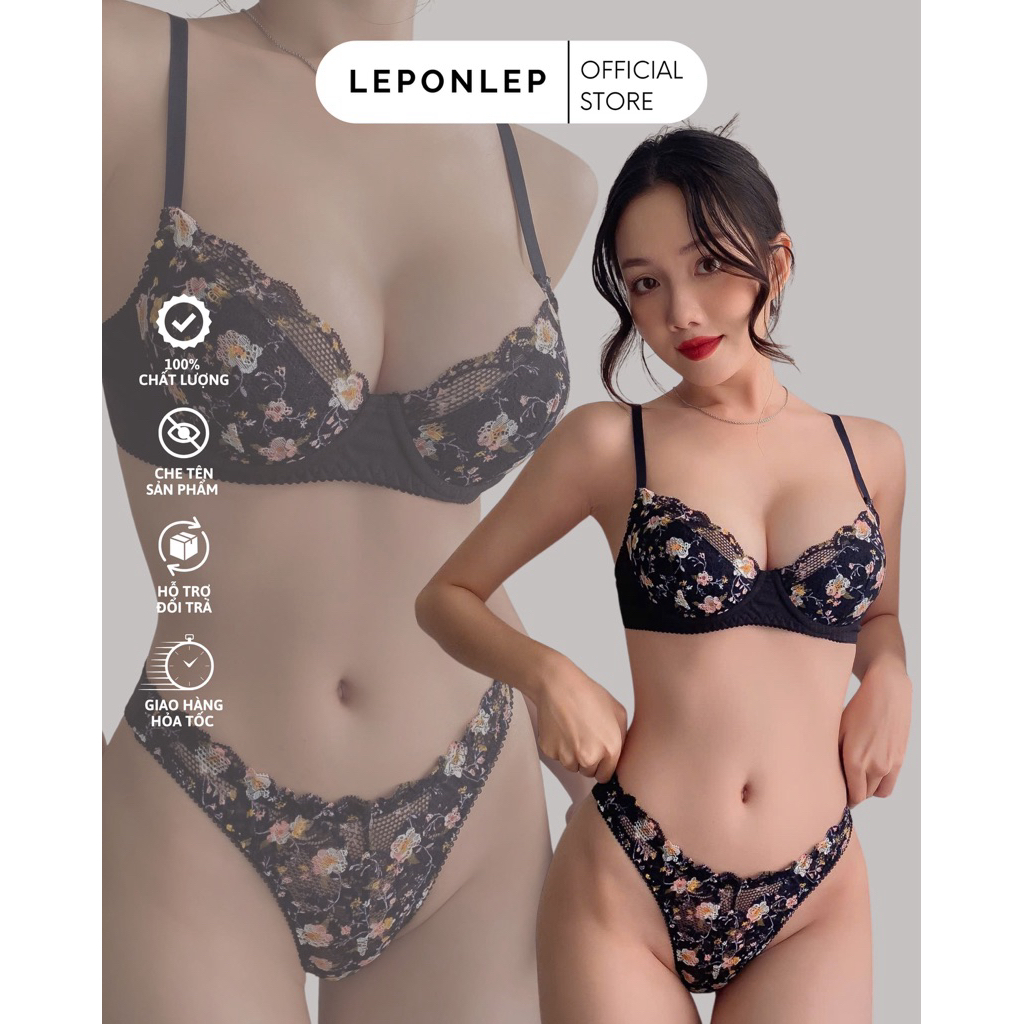G010 BLUE BERRY SET Đồ Lót Ren Có Gọng LEPONLEP Hoa Thêu Có Mút