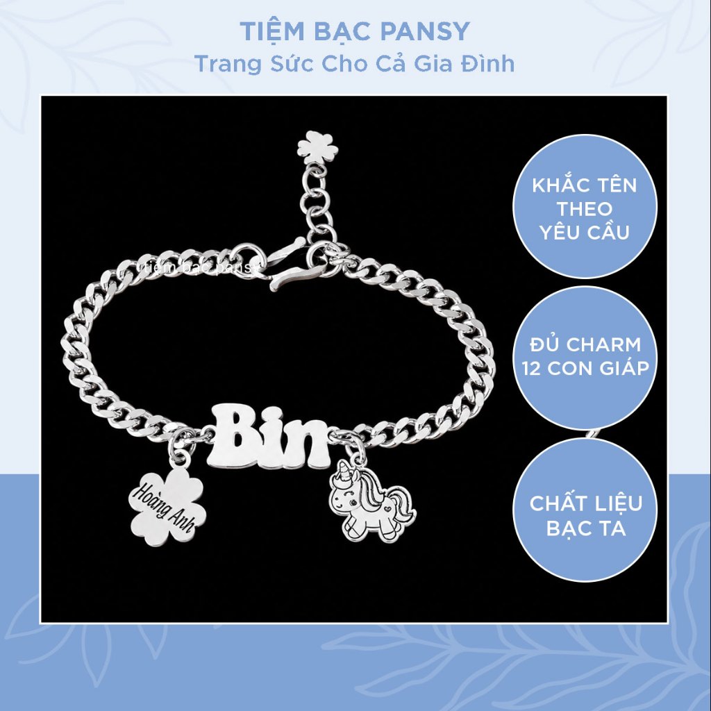 Lắc bạc khắc tên cho bé kèm charm cỏ 4 lá dễ thương - Vòng bạc đeo tay, chân cho bé trai, bé gái từ 