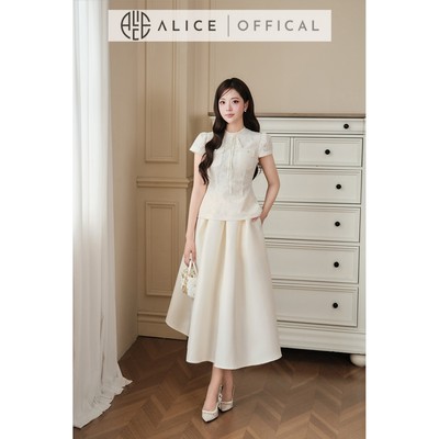 Set Bộ Nữ Sang Trọng Alice Áo Ren Ép Lưới Phối Tơ Kèm Chân Váy Tafta Dáng Xòe Cao Cấp T541