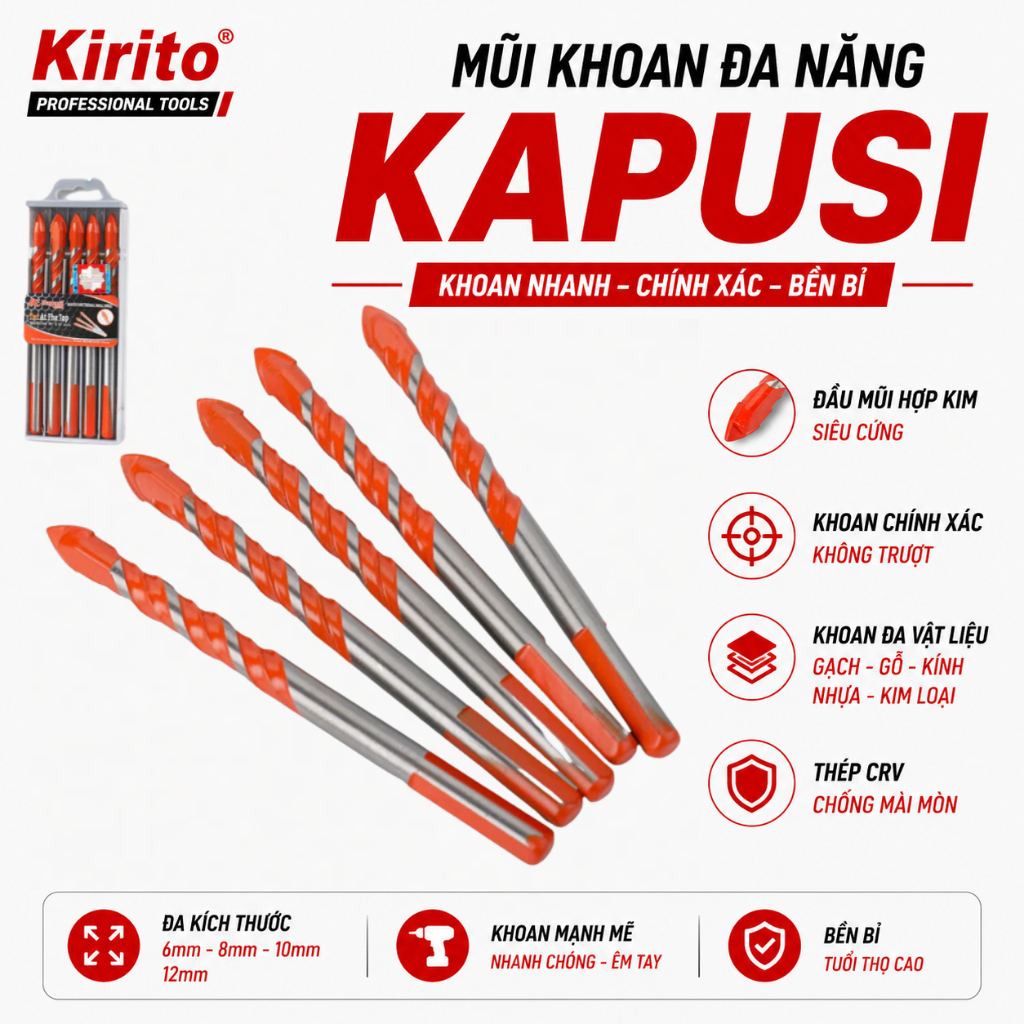 Combo Mũi Khoan Đa Năng Kapusi Chuôi Lục Giác Thép CRV Khoan Gạch Gỗ Kính Kim Loại (Vàng/Cam)