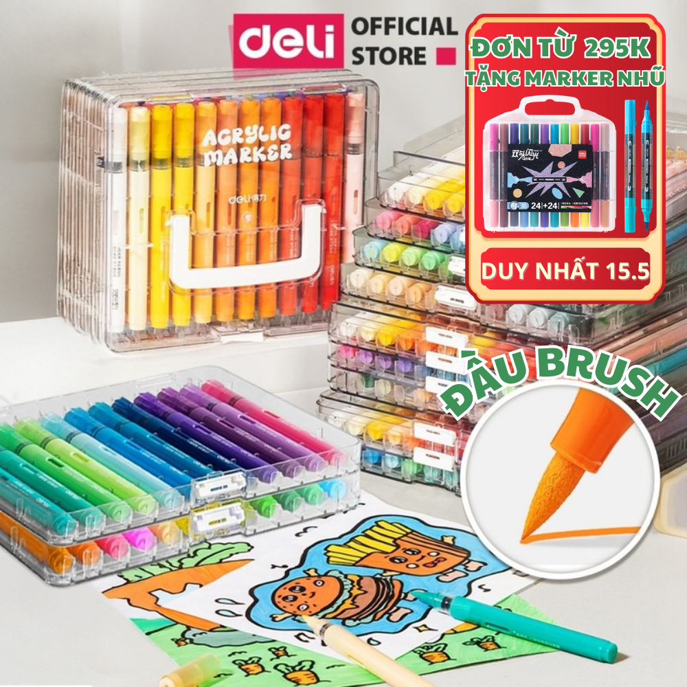 [TẶNG 24 MÀU MARKER NHŨ] Bút Màu Acrylic Marker Roller Free Ink Đầu Lông Mềm Bút Lông Màu Deli Vẽ Mọ