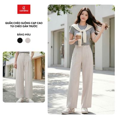 Quần dài nữ CARDINA chất liệu chéo kaki dáng suông cạp cao túi chéo gân trước 6QDB02