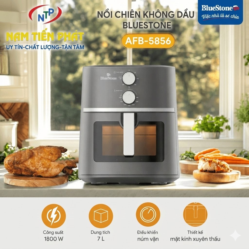 Nồi chiên không dầu BlueStone AFB-5856 – 7L, 1800W, công nghệ X Cyclone, có kính quan sát