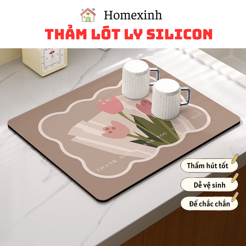Thảm Lót Ly Silicon Thấm Hút Nước Cho Bàn Bếp, Thảm Trải Bàn Ăn, Úp Cốc Chất Liệu Cao Su Chống Trơn 