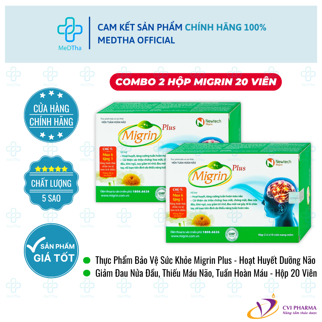 [COMBO 2 HỘP] TPBVSK Migrin Plus - Hoạt Huyết Dưỡng Não, Giảm Đau Nửa Đầu, Tuần Hoàn Não (20 viên)