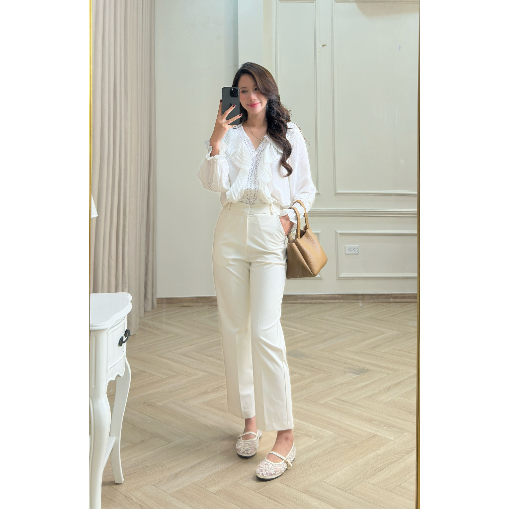 Quần Ống Đứng Chất Liệu Kaki Thiết Kế Nữ Veos Dáng Cạp Cao Đứng Form Đi Làm Đi Chơi Màu Trắng - Alise Pants | BigBuy360 - bigbuy360.vn
