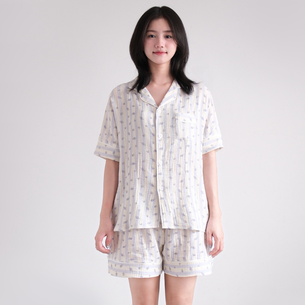 Đồ Ngủ Nữ Tay Ngắn Và Dài - Đồ Mặc Ở Nhà Chất Liệu Xô Muslin Thoáng Mát - STRIPE FLORA MUSLIN PYJAMA