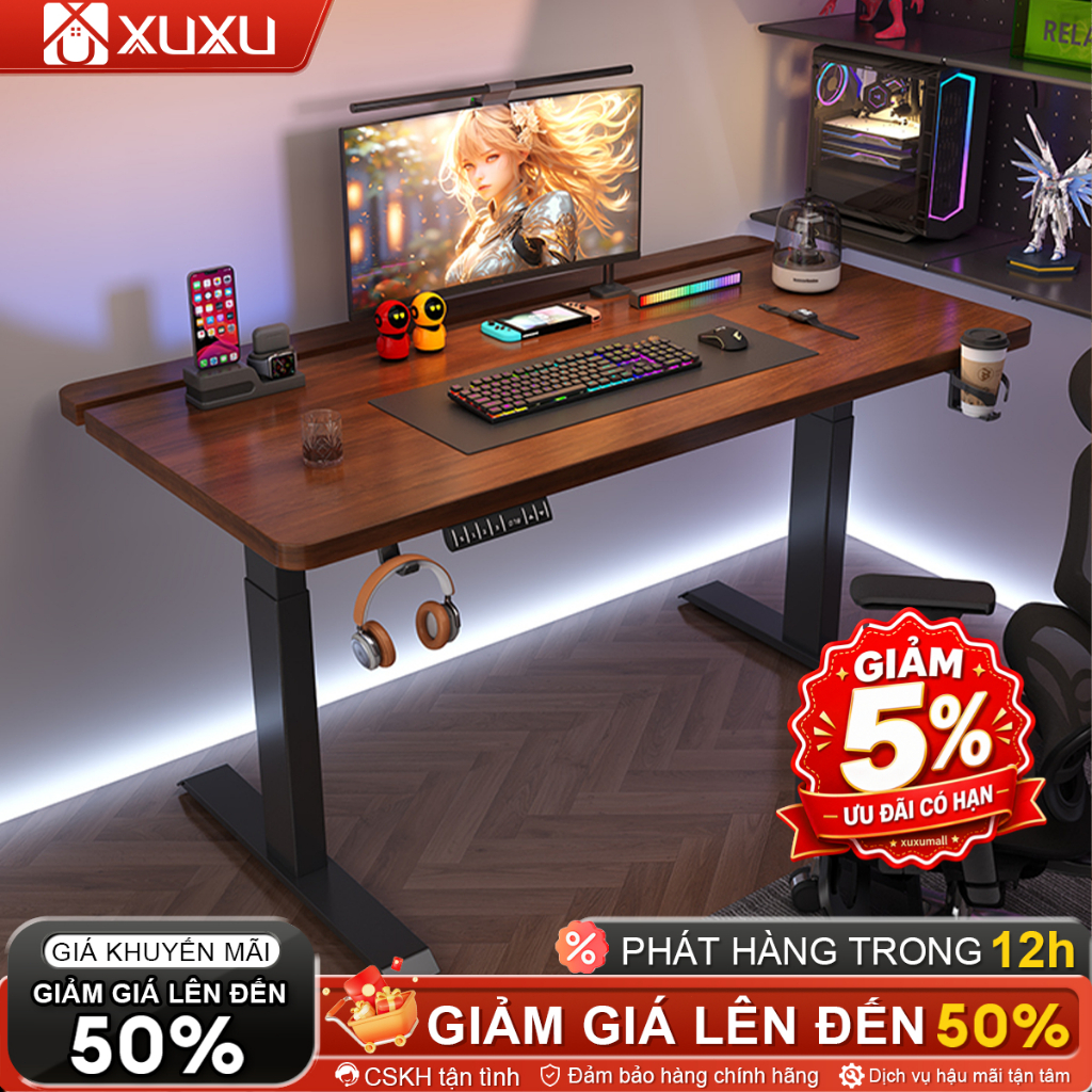 Bàn Làm Việc Nâng Hạ Điện Đa Năng 2in1 Bàn Gaming&Học Tập Chống Đau Lưng Mặt Gỗ Tự Nhiên (Tặng Kèm)