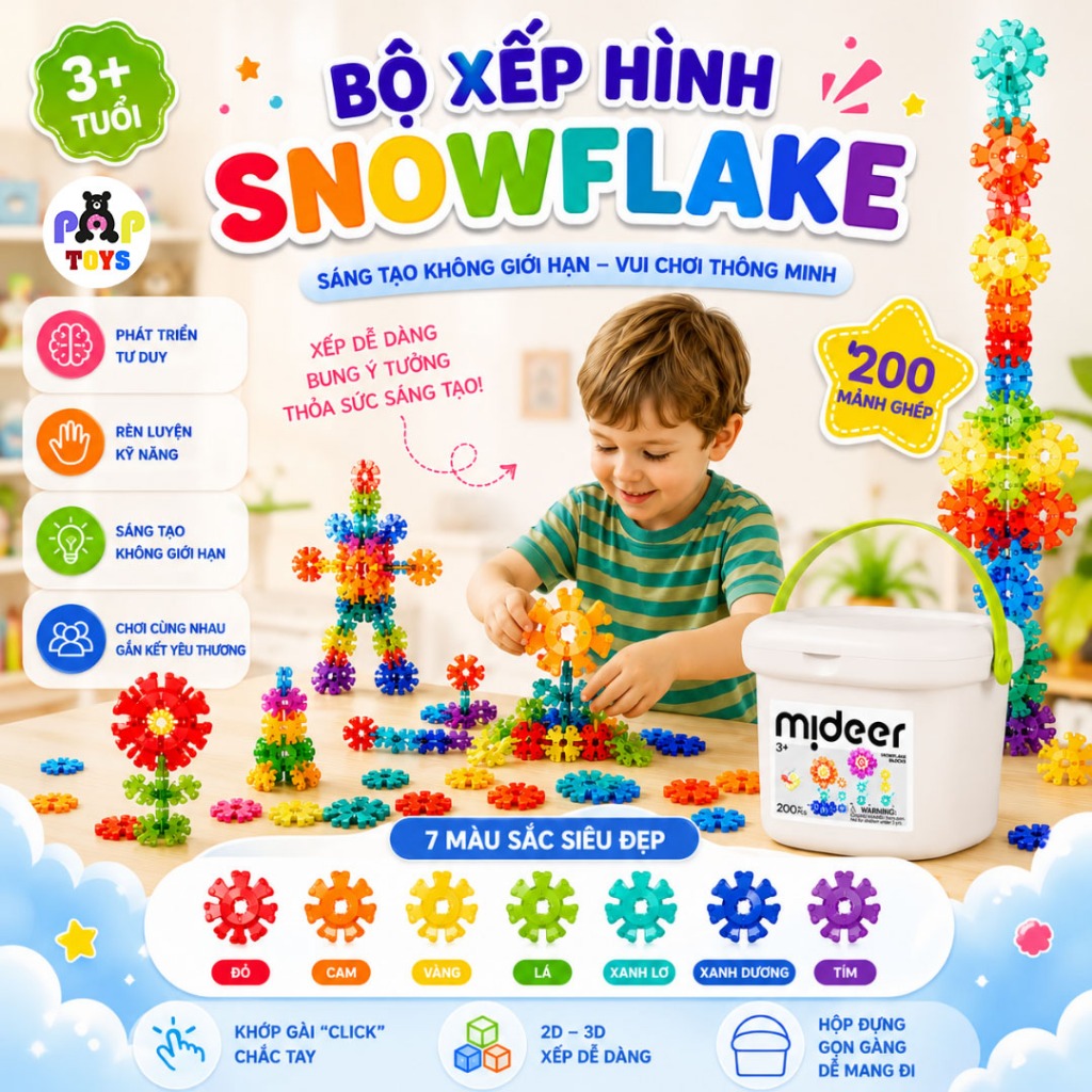 Bộ Đồ Chơi Xếp Hình Bông Tuyết Mideer Translucent Snowflake Blocks, Lắp Ghép Sáng Tạo 3D An Toàn Cho