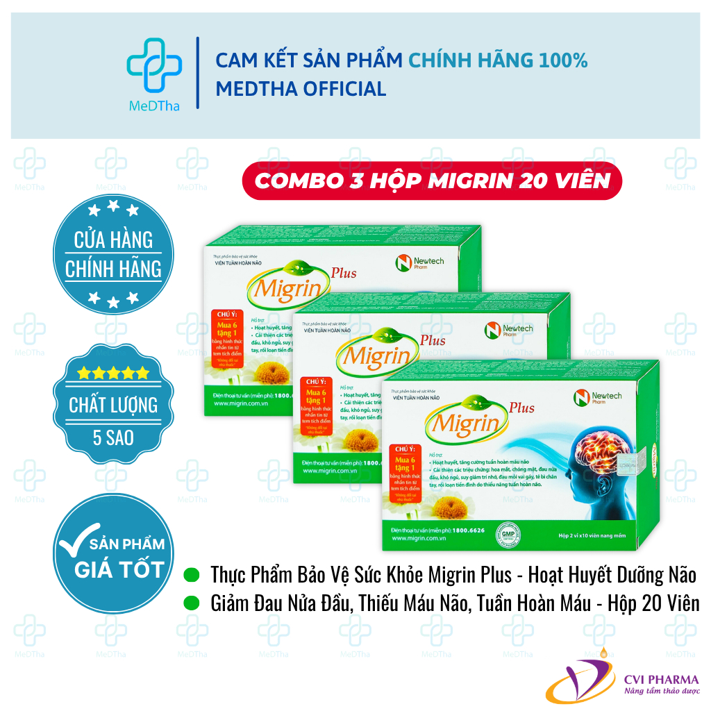 [COMBO 3 HỘP] TPBVSK Migrin Plus - Hoạt Huyết Dưỡng Não, Giảm Đau Nửa Đầu, Tuần Hoàn Não (20 viên)
