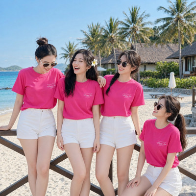 Áo phông nữ dáng rộng NA03 chữ Happy Time chất liệu thun cotton mềm mát, đồng phục nhóm nữ du lịch biển 2026 Loza RT8426